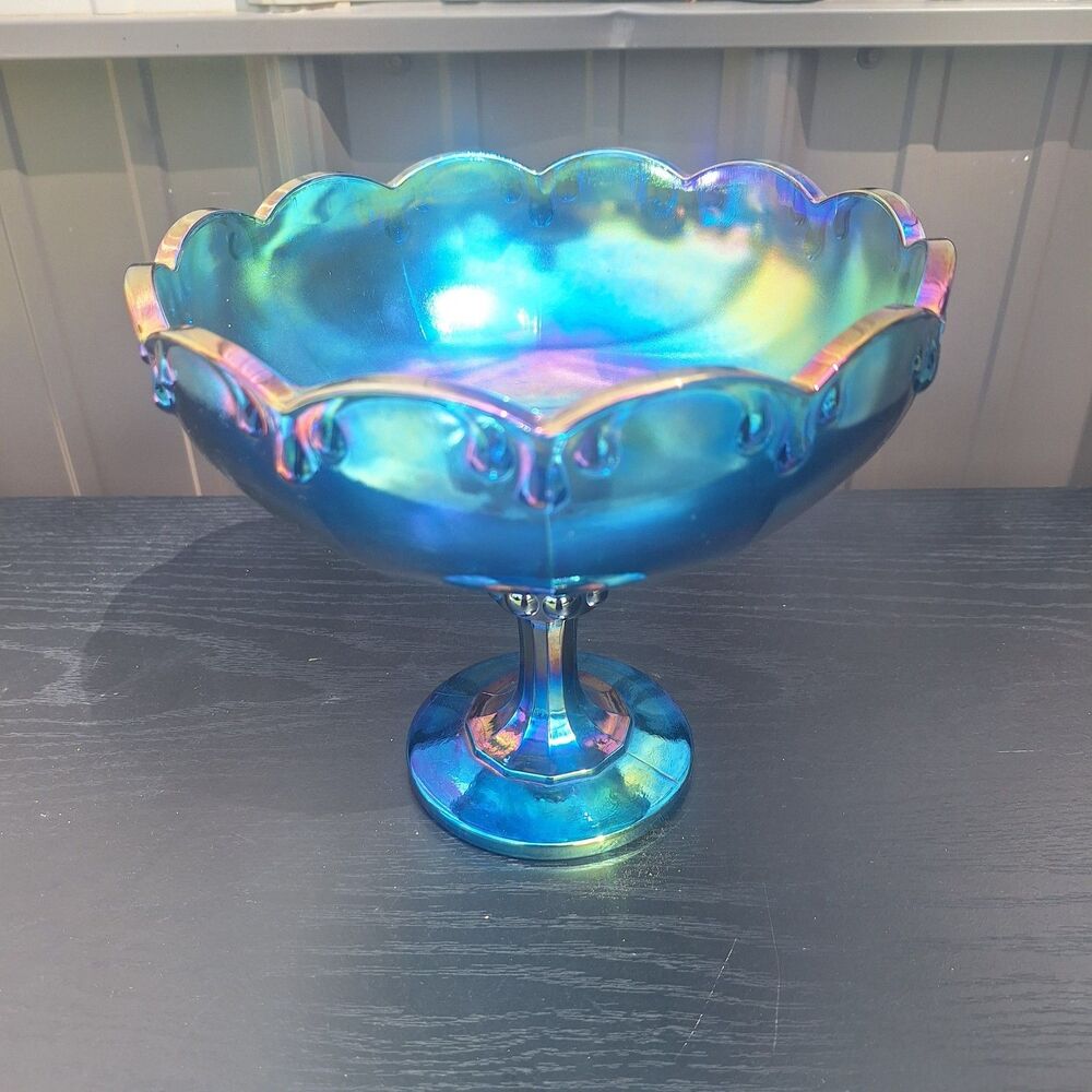 Vintage Indiana Glass Blue Carnival Glass Pedestal Compote Centerpiece Bowl